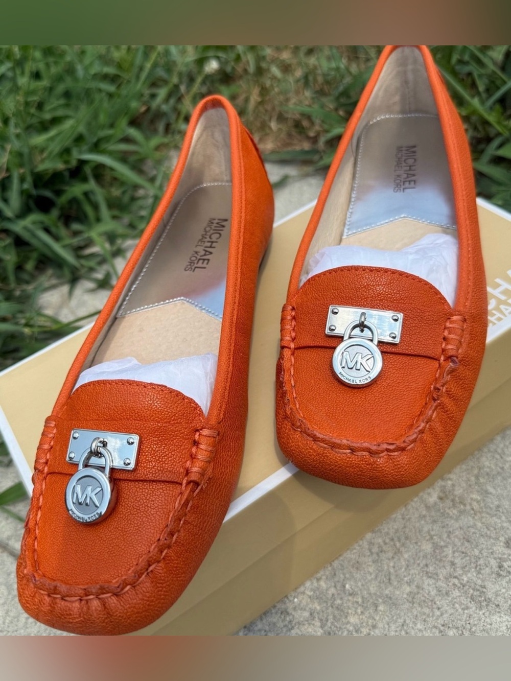 Michael Kors Orange Leather Moccasin Flats with Signature Hardware